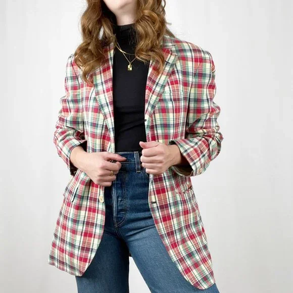 Vintage Union Made Oversized Long Plaid Check Blazer Jacket Coat Preppy Academia - Picture 8 of 9